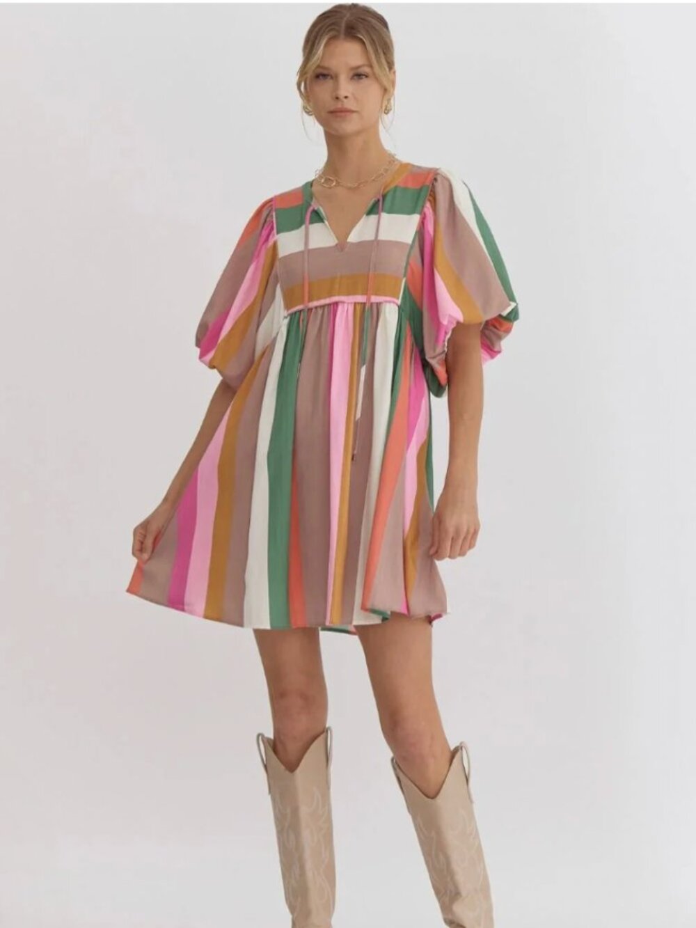 NWT Entro Multicolor Stripe Puff Sleeve Babydoll Mini Dress
